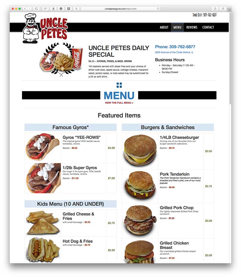Gyro Menu at Uncle Pete's Website